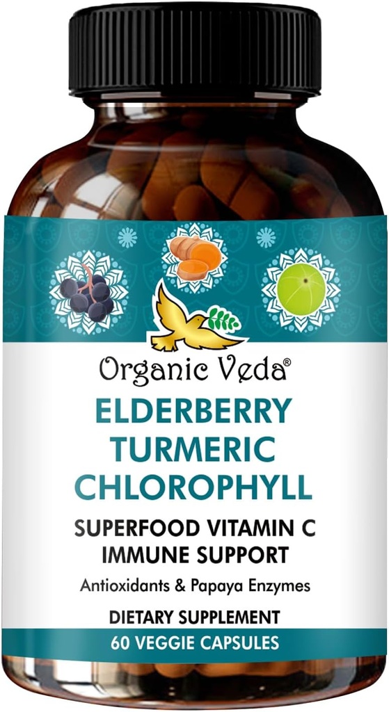 Organické Veda bazové kurkuma Chlorofyl Immune Suplement - Superfoods Antioxidanty, Zelený vitamín C, Hroznový extrakt, Acerola, Moringa & Papaya Enzymes - 60 Vegan Kapsule