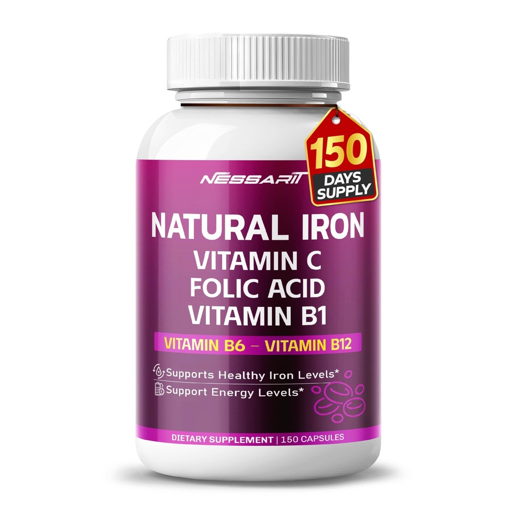 Organické železo vysokej potencie s vitamínom C, kyselina listová - vysoko-absorpčná formula vitamín B1, vitamín B6, vitamín B12 - podpora budovania krvi - 150 gróf - vyrobené a testované v USA