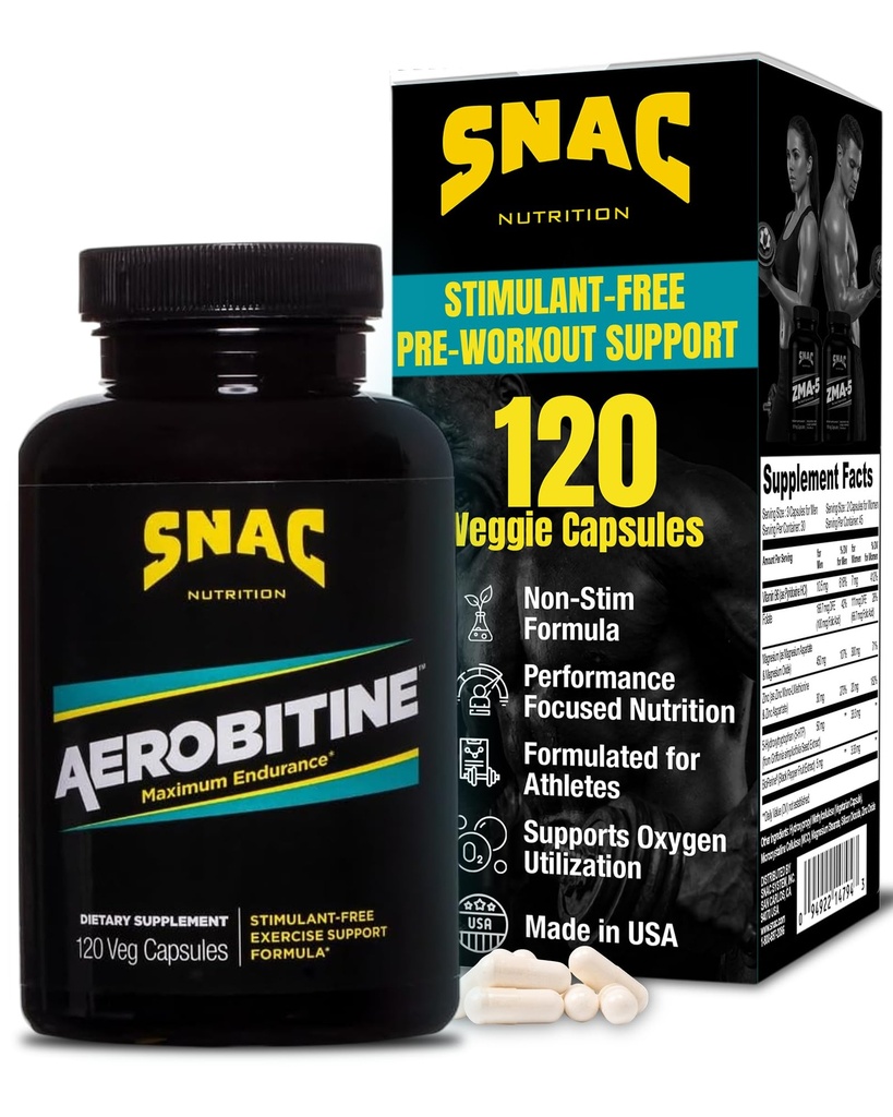 SNAC Aerobitine - Stimulant Free predpráce doplnok pre maximálnu vytrvalosť. Posilňovač oxidu dusnatého, zlepšuje prietok krvi, znižuje únavu a Thermogénne výhody. 120 Veggie kapsuly
