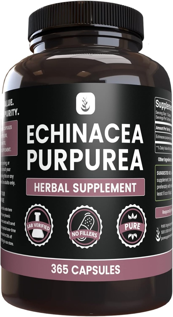 ČISTÉ ORIGINÁLOVÉ SUROVINY Echinacea Purpurea (365 kapsúl) bez horčíka alebo ryžových výplne, vždy čisté, overené v laboratóriu