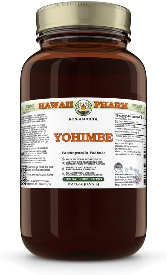 Yohimbe (Pausinystalia Yohimbe) Dry Bark Glycerite, Made in Hawaii, All Natural, Vegan, Lab Tested Alkohol-Free Liquid Extract - 32 fl.oz