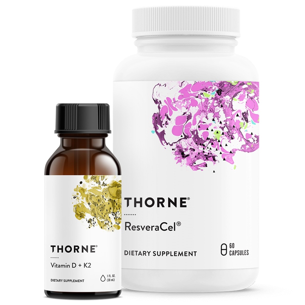 THORNE - bunková podpora Bundle - vitamín D + K2 Tekuté a resveraCel - Podpora zdravé kosti, svalov, a starnutie