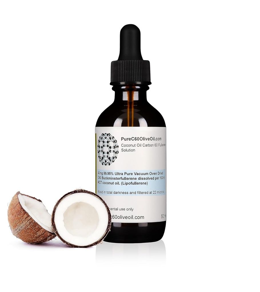 PureC60OliveOil C60 Organic MCT Coconut Oil 50ml / 1,7 Fl Oz - 99,95% Carbon 60 Solvent Free 20mg - Amber Glass Bottle - Food Grade - Carbon 60 MCT Coconut Oil - from The Leading Global Producer