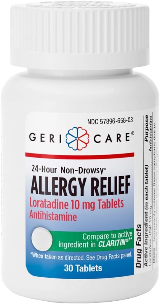 GeriCare Loratadine 10 mg Non-Drowsy 24-Hour Alergy Relief, Antihistaminika Alergie / Sinus Tablety na podporu Runny Nose, Kýchanie, Svrbenie, 30 Počet, 1 Balenie.