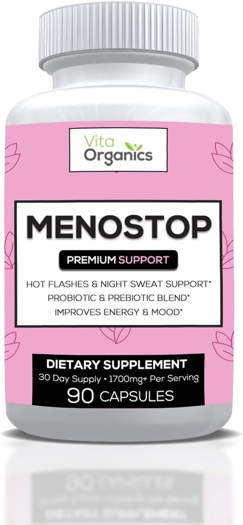 MenoStop - Podpora horúcich zrážok a menopauzy - Black Cohosh, Ashwagandha, Dong Quai, Prebiotická a probiotická zmes - 30-dňová ponuka