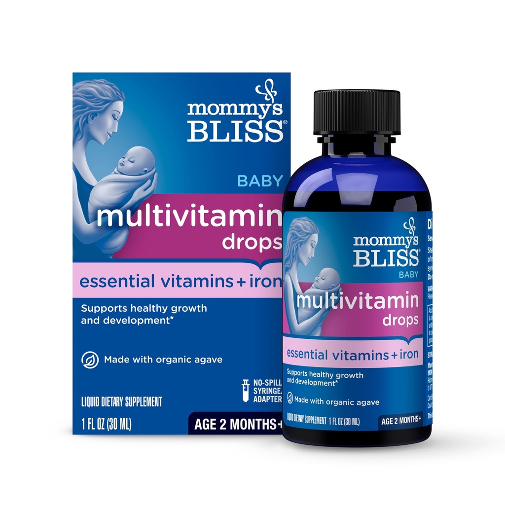 Momy's Bliss Baby Multivitamín + Železo, Daily Essential Vitamíny pre imunitnú podporu, Zdravý rast a vývoj kostí*, Vek 2 Mesiace+, 30 ml, Tekutina