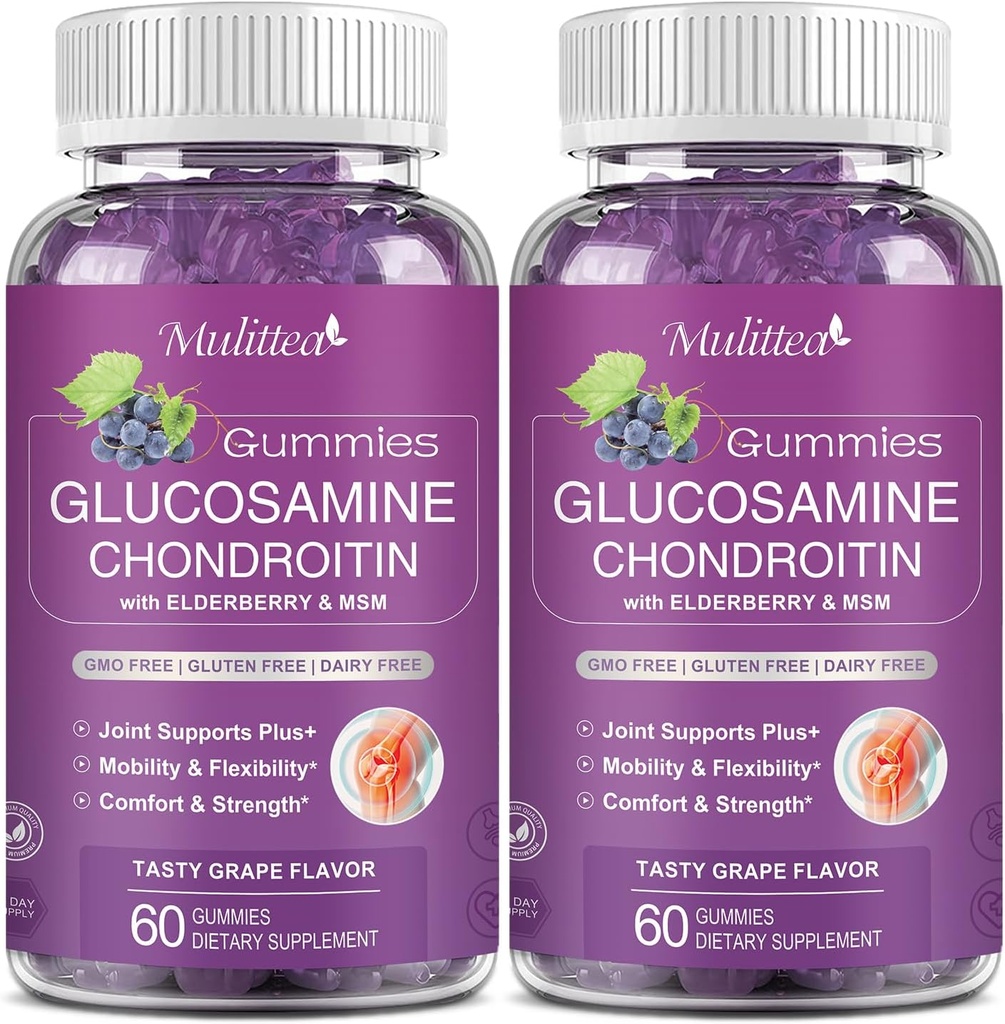 Mulittea Glukozamín Chondroitín Gummies - Extra sila Spoločná podpora doplnok s MSM a bazy pre prírodné kĺby, Antioxidant imunitná podpora pre dospelých, Muži a ženy-Sugar-Free (2 balenie)