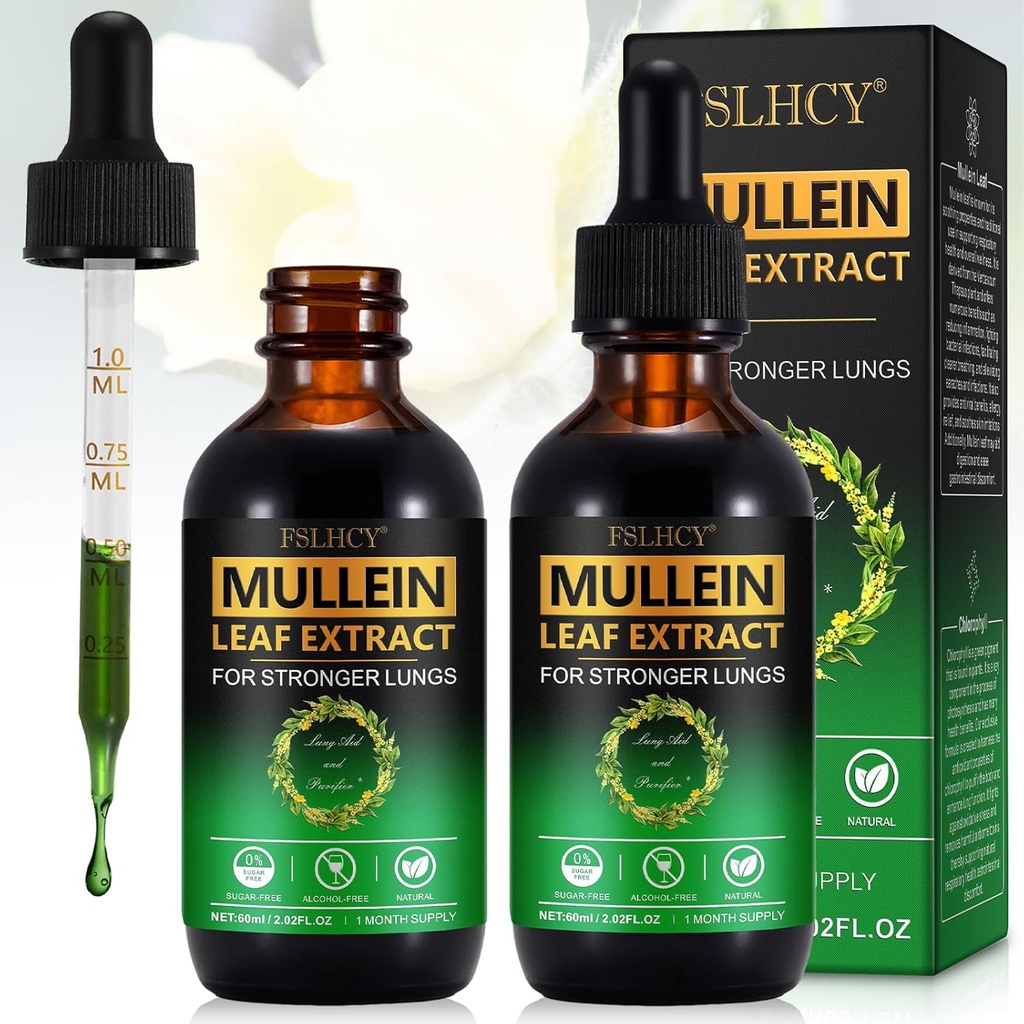 Mullein Leaf Extract kvapky pre Pľúca,120ML Natural Mullein Leaf Drops Supplement Pľúcne čistenie pre imunitné a dýchacie zdravie Podpora pre fajčiarov