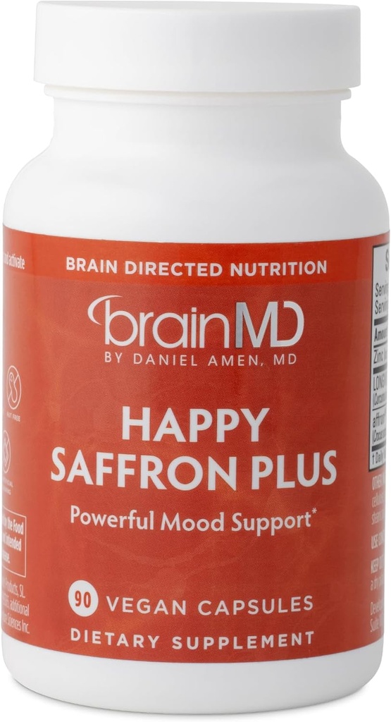 Dr Amen BrainMD Happy Saffron Plus - 90 kapsúl, balenie 2 - Saffron flower Extract, Curcumin & Zinc - Vegan, Gluten Free - 60 celkové služby