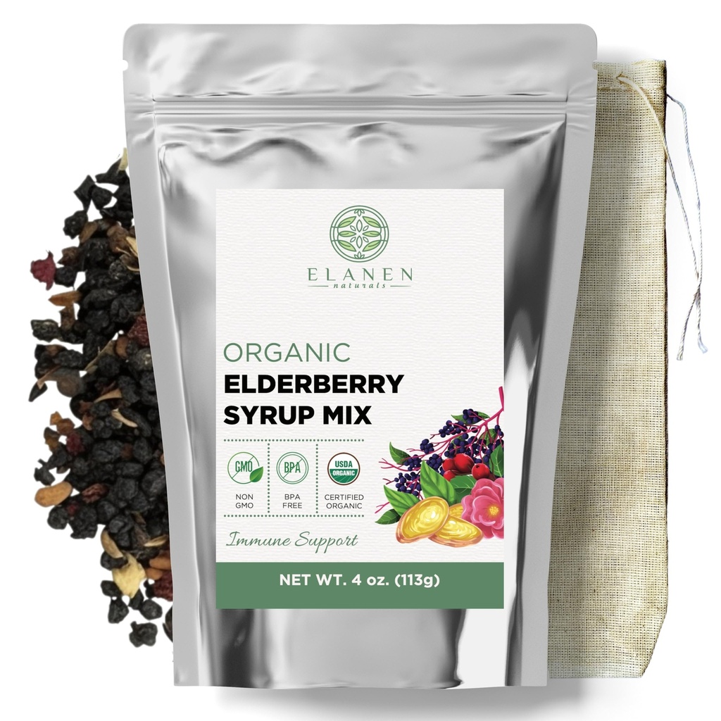 Elanen Naturals Organic Elderberry Sirup Kit, Makes up to 24 oz, Obsahuje prírodná bavlna Brew Bag, USDA Certified Organic Sused Elderberries and Immune Support Herbs, Bulk Kit, 4 oz. (113g)