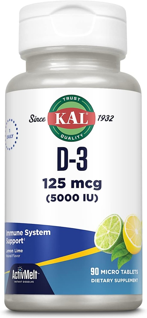 KAL vitamín D-3 5000 IU ActivMelt, Instant Rozpustiť, Prírodné citrónová vápno chuť, Zdravá imunitná funkcia a kostná podpora, 90 Servisov, 90 Micro Tablety