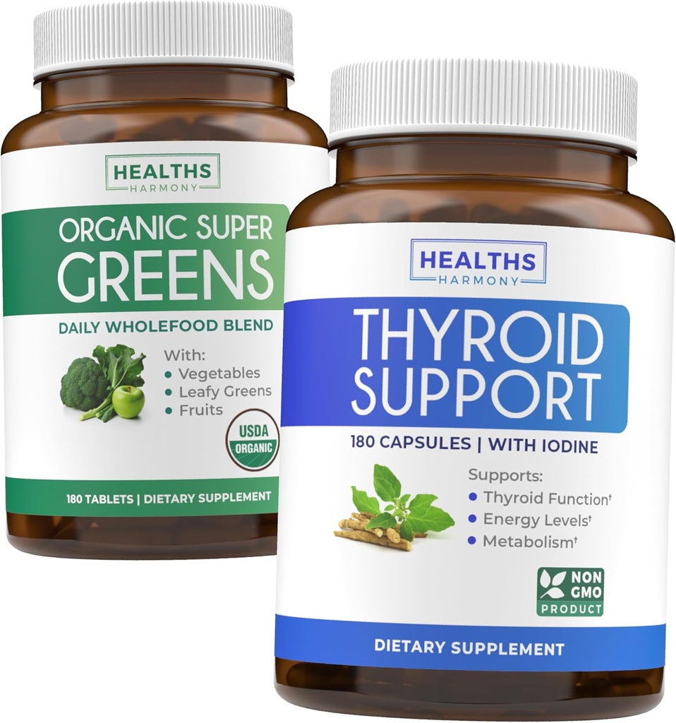 Super Greens & Podpora štítnej žľazy (3-Month Supply) Vitality štítnej žľazy Bundle of Organic Super Greens Powder - Complete Superfood (180 Kapsule) a Podpora štítnej žľazy pre mužov a ženy (non- GMO) (180 Kapsule)