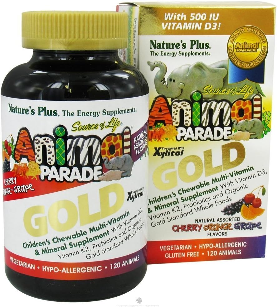 NaturesPlus Animal Parade Gold Detský multivitamín - rozmanité Cherry, Orange & Grape flavors - 120 Žuvacie tablety pre zvieratá, balenie 2 - Vegan, Gluten Free - 120 Celkové služby