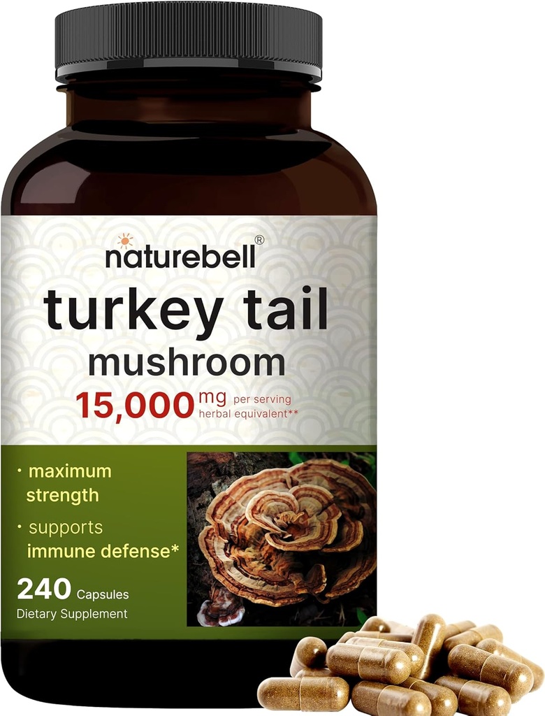 NatureBell Turkey Tail Mushroom Kapsule 15,000mg Per Serving, 240 Gróf 