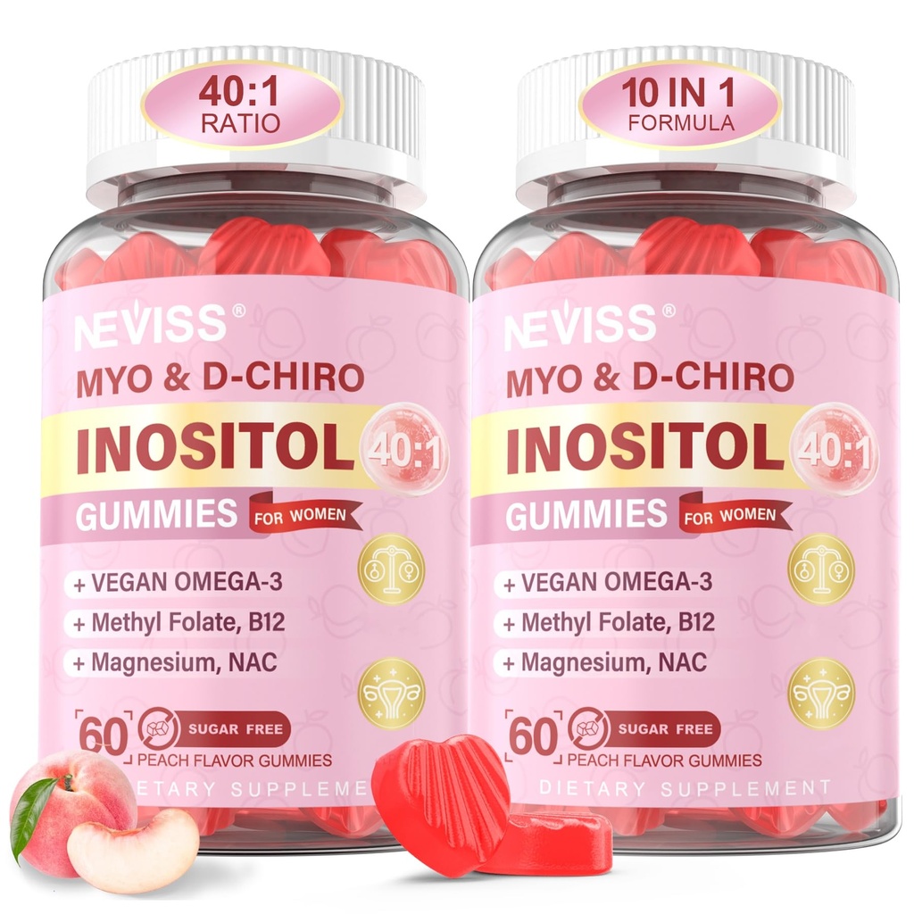 Myo-Inozitol & D-Chiro Inozitol Gummy pre ženy 2000 mg + 50 mg, 40:1 Ratio Inozitol s Vegánom Omega-3 + D3, Magnéziumglycinát, Metylfolát + B12 pre ženské zdravie a wellness, bez cukru, 120 Cts