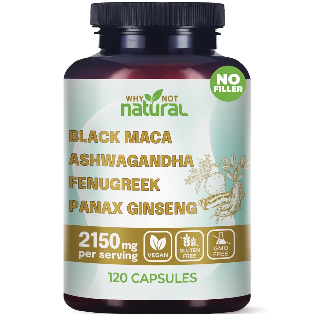 Prečo nie Natural 4-in-1 Organic Black Maca Root, Ashwagandha, senovka, Panax Ginseng Kapsule, Dodatok pre mužov a ženy