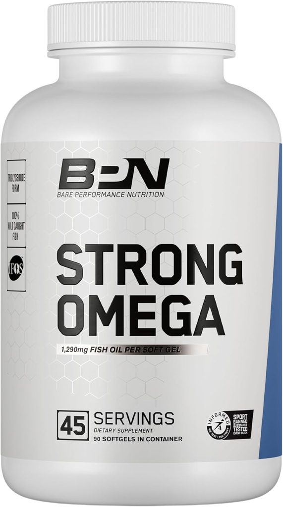 BARE VÝKON NUTRITION, BPN Strong Omega Fish Oil Soft Gel, 1290mg Fish Oil per Capsule, Wild Caught Fish, Udržateľne Zdroj, IFOS Certified