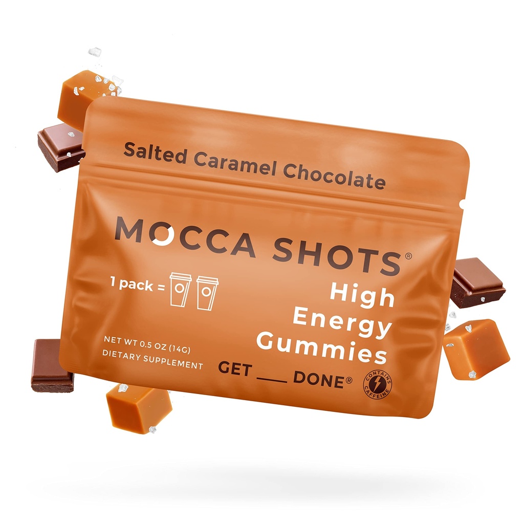 SGC najvyššia koncentrácia 100 mg kofeínu na Gummy, 2 Gummy na balenie, 12-Pack Mocca Shots Salted Caramel Plant-Based noottropic Instant Energy s Ginkgo biloba, Theobromin.