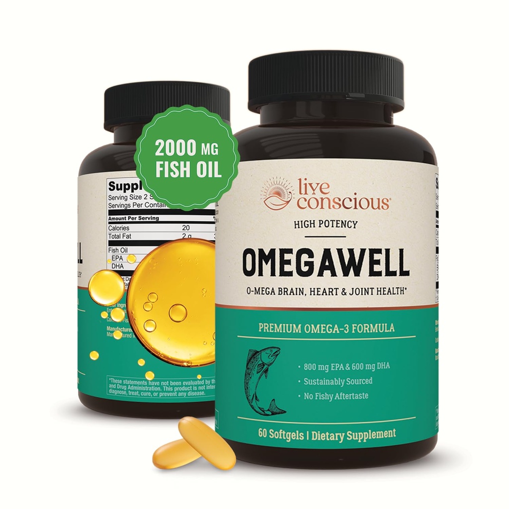 Živé Vedomé OmegaWell Omega 3 Rybí olej - 2000mg Kapsule: srdce, mozog, & Joint Support - 800 mg EPA 600 mg DHA - Trvalo dostupné - Softgels - 30 Day Supply