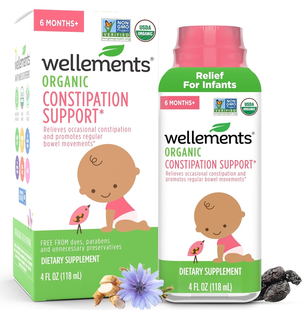 Wellements Organické Zápcha Podpora pre 6 Mesiac+ Bábätká a batoľatá (4 Fl Oz) 