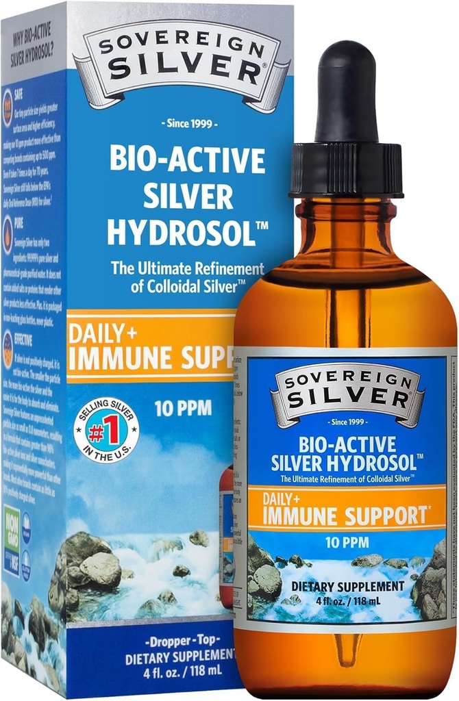 Sovereign Silver Immune Support - Koloidné striebro, Bio-Active Silver Hydrosol, 10 ppm, Liquid Dropper, 4 Fl Oz (118 ml)