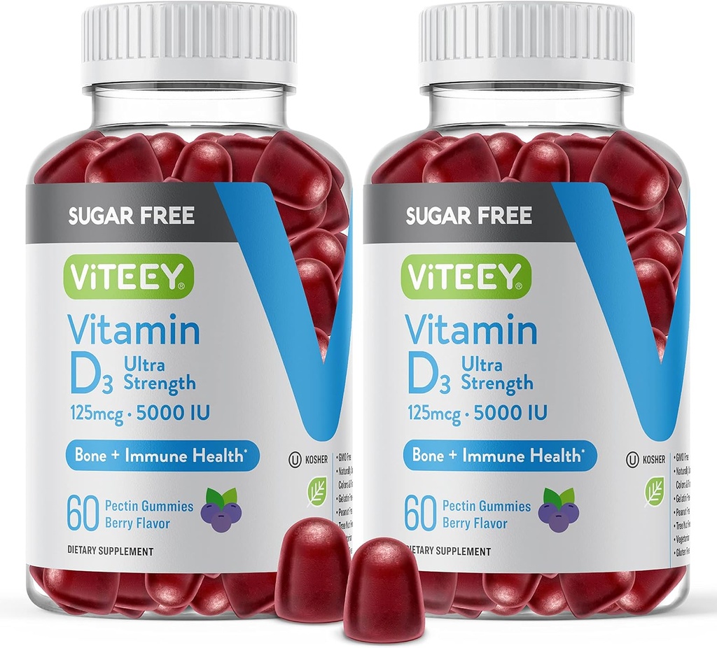 VITEJSKÝ vitamín D3 Gumičky pre dospelých & dospievajúcich - 5 000 IU, 125 μg, Ultra sila - bez cukru, kosti, kĺbu a svalového zdravia, Immune Boost - Vegetarián, bez želatíny - Chutné Chewable Berry Ochutené Gummy