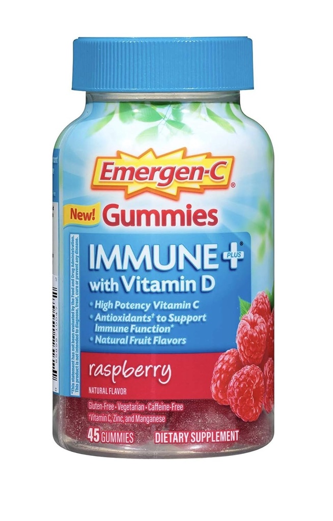 Emergen-C Gummies Immune Plus Vitamín D, Malina, 45 Gummies (Pack of 2)