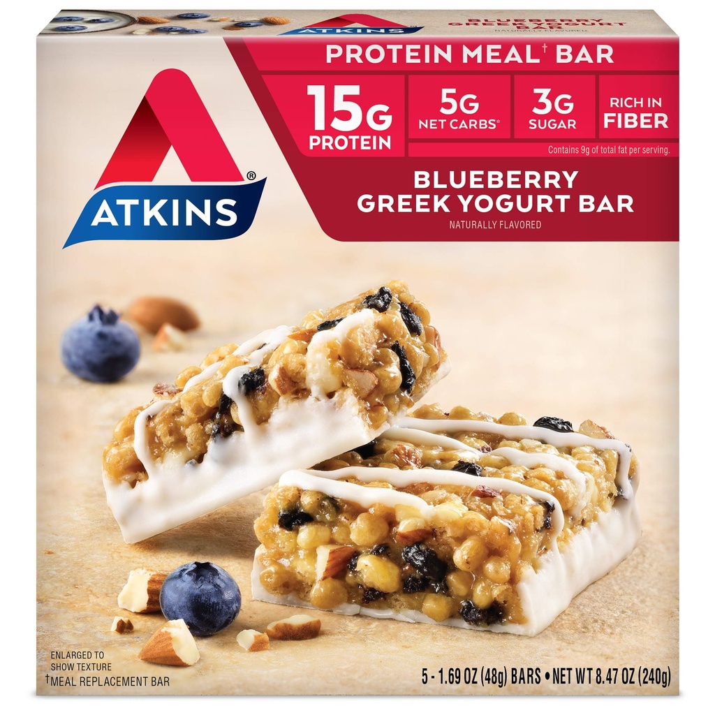Atkins Blueberry Greek Yogart Protein Meal Bar, High Fiber, 15g Protein, 3g Cukor, 5g Net Carbs, Nahradenie jedla, Keto Friendly, 5 g
