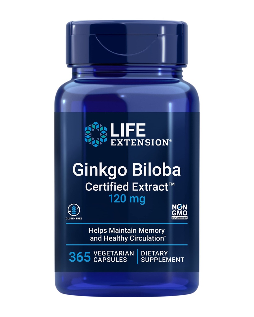 Life Extension Ginkgo Biloba Certified ExtractTM, 120 mg, Pomáha udržiavať pamäť a poznávanie, Gluten-free, non-GMO, Vegetarián, 365 Kapsule