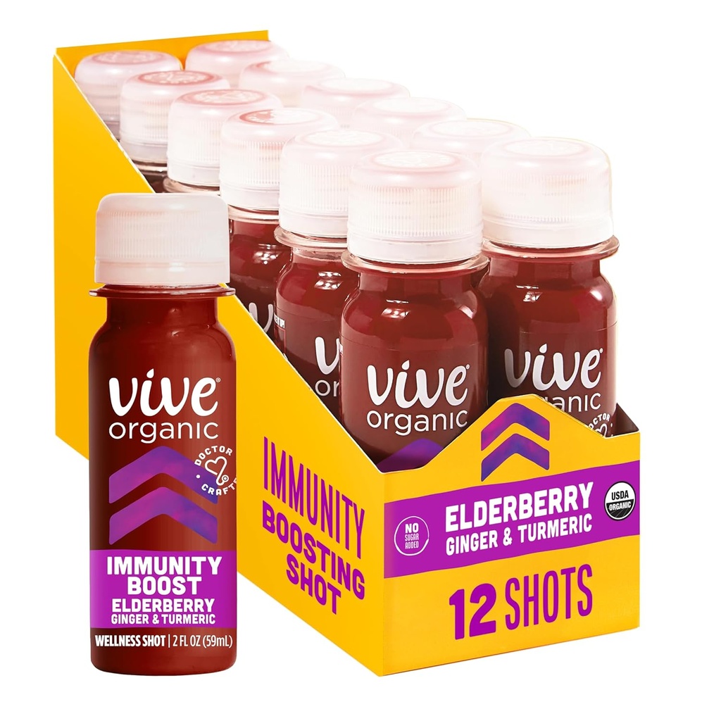 Vive Organic Immune Support Elderberry Shot, Cold-Pressed Turmeric & Ginger, Gluten Free, Vegan, Imunity Boost Elderberry, 2 Fl Oz (Pack of 12)
