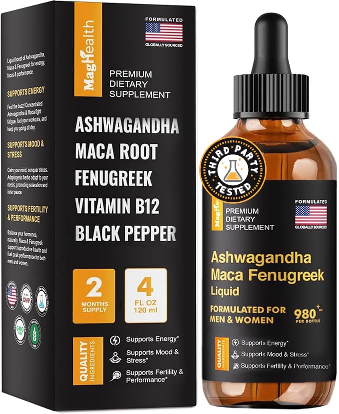 Maca Root Tekuté kvapky s Ashwagandha a senovka - 60 dní služby - Focus, Energia a výkon - Tekutý multivitamín pre ženy a mužov - Adapto Drive, Vegan kvapky