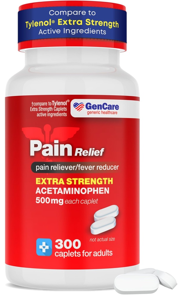 GenCare - Acetaminofen 500mg extra sila úľava od bolesti (300 Caplets) - Multi Symptom bolesť Reliever pre bolesti hlavy, Sinus, Artritída, Bolesť chrbta bolesť svalov Bolesť svalov, bolesť zubov, Horúčka Redukcia, migréna