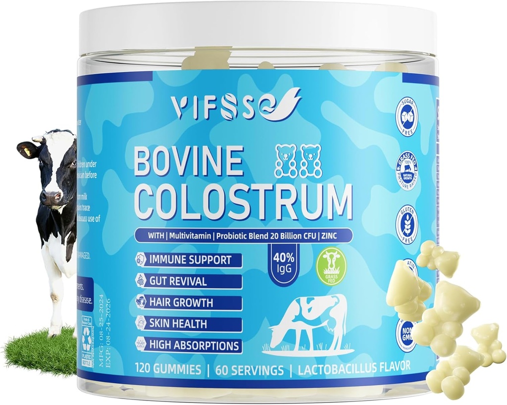 Grass Fed Colostrum Supplement 2000mg, 120 Gummies Sugar Free 40% IgG Bovine Colostrum Gummies + Probiotic, Multivitamín Etc for Immune Support, Gut Support, Hair & Skin
