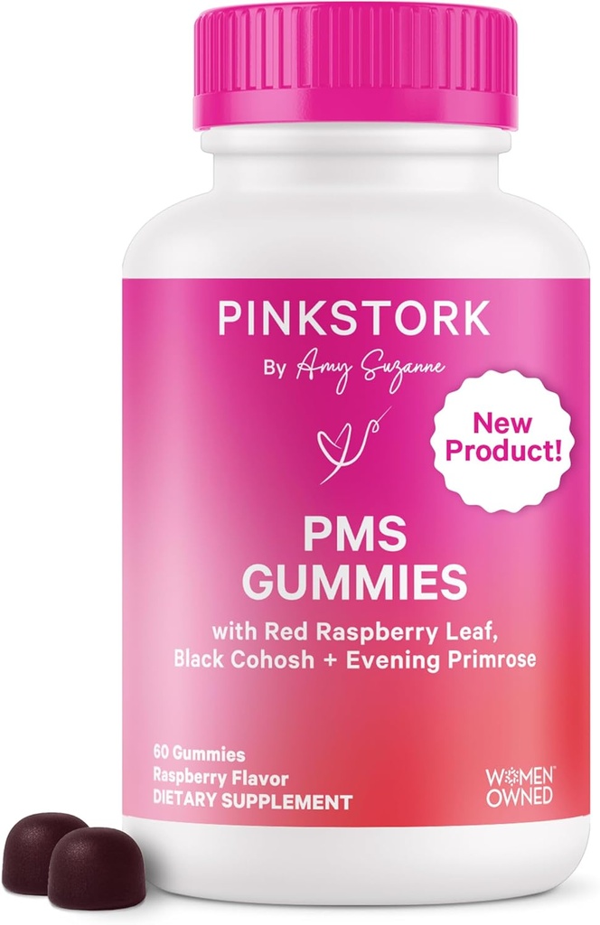 Pink Stork PMS Podpora Gummy pre ženy - Červená malinová list, Black Cohosh, Večerné Primrose olej - Bloating, Cravings, koža, Mood - Hormonálna podpora cyklu - 60 Berry Gummies - Vegan, Plant-Based
