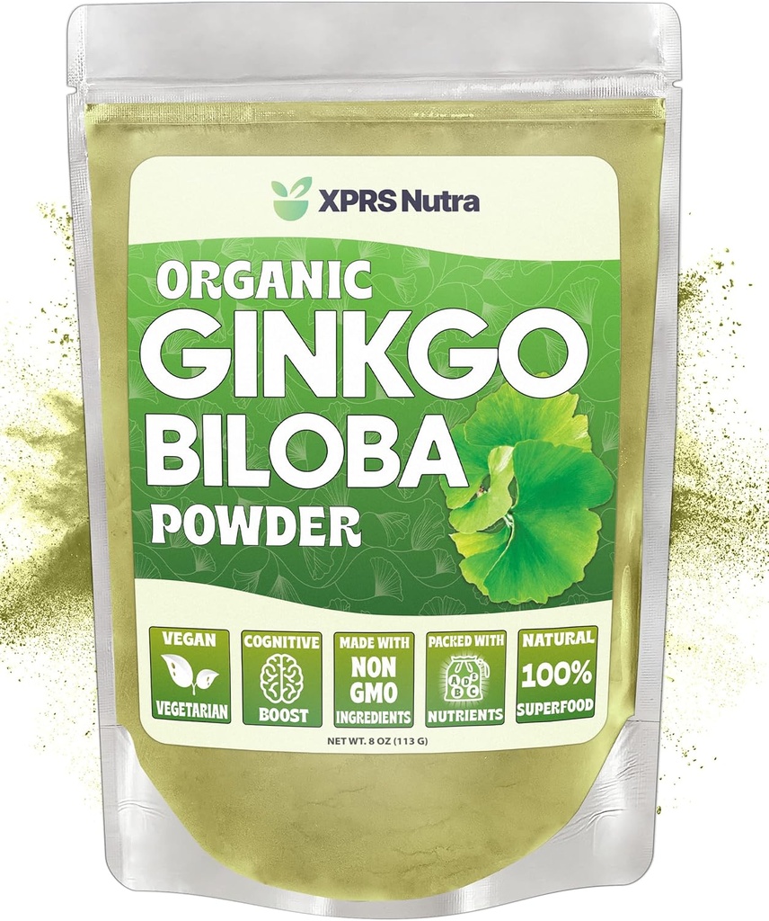 XPRS Nutra Organic Ginkgo Biloba Powder - Gingko Biloba Doplnky pre kognitívne - Vegan Friendly Ginkoba Biloba Organic - Imunity Boosting Ginkgo Biloba Powder (8 oz)