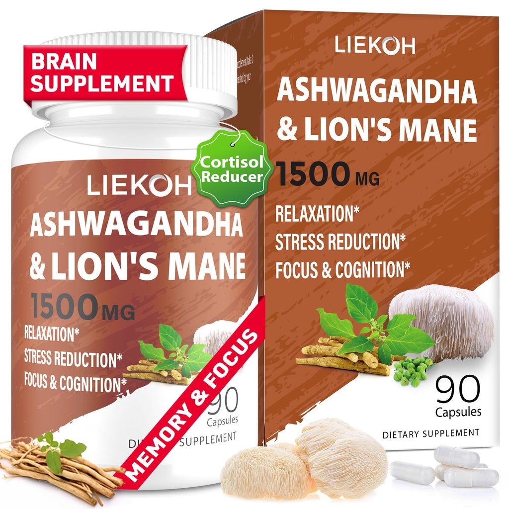 Ashwagandha & Lions Mane Supplement Kapsule, Mozog Doplnky pre pamäť a zameranie, Ashwagandha Supplement with Rhodiola & Black Peppe, Cortisol Doplnky pre ženy a mužov,90 Caps