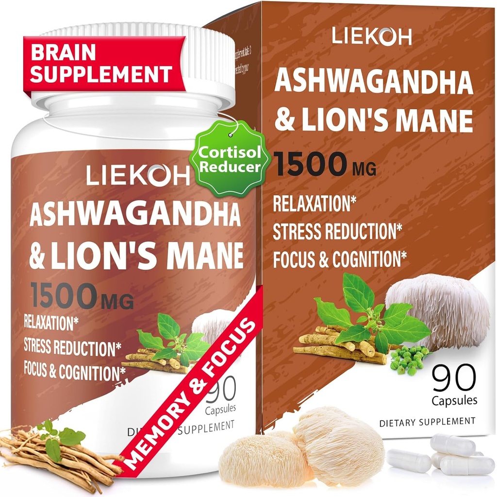 Ashwagandha & Lions Mane Supplement Kapsule, Mozog Doplnky pre pamäť a zameranie, Ashwagandha Supplement with Rhodiola & Black Peppe, Cortisol Doplnky pre ženy a mužov,90 Caps