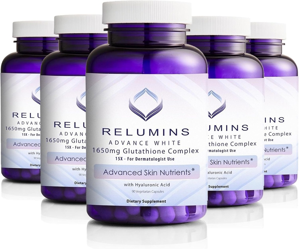 Relumins 1650mg L-Glutatione Complex s kyselinou hyalurónovou, Alpha Lipoic Acid, Rose HIPS, Vitamín E a riboflavín, Antioxidant Podpora, Hydrácia kože a Wellness, Vyrobené v USA 90 Kapsule x 5 Fľaše
