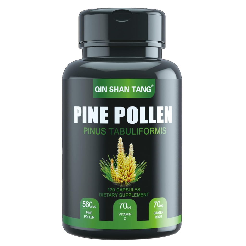 Pine Pollen Supplement wtih Ginger Root a vitamín C, 99% Cracked Cell Wall, 120 Veggie Capsules, Focus&Immune Improvement for Women and Men