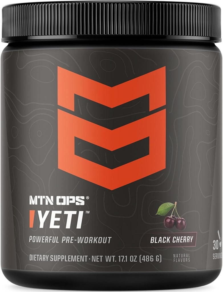 MTN OPS Yeti Powder Energy Drink pred zamestnaním s kreatínom, 200 mg kofeínu a BCAA s Beta Altanine, 30-Serving Tub, Black Cherry