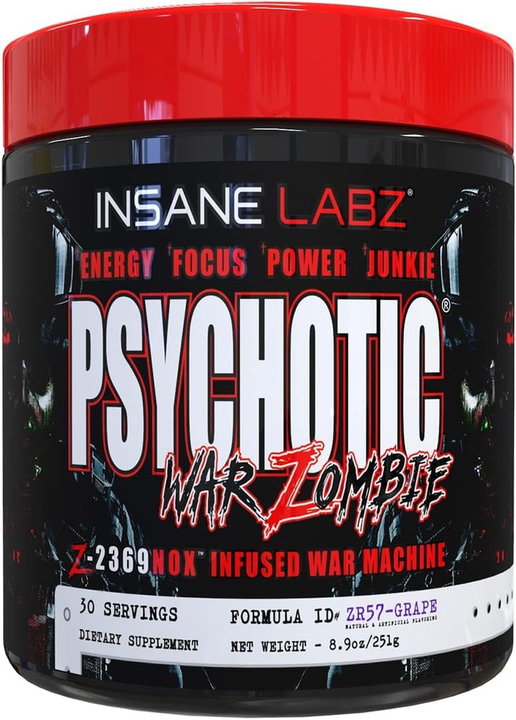 Insane Labz Psychotic War Zombie High Stimulant Pre Cvičenie Powder, Extrémne Trvalá energia, Zameranie a Pump s Beta Alanyne, L-Arginine, 30 Servings (Grape)