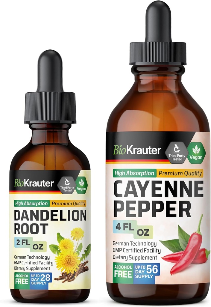 BIO KRAUTER Cayenne Pepper Tinture 4 Fl. Oz. & Dandelion Tincture 2 Fl. Oz.