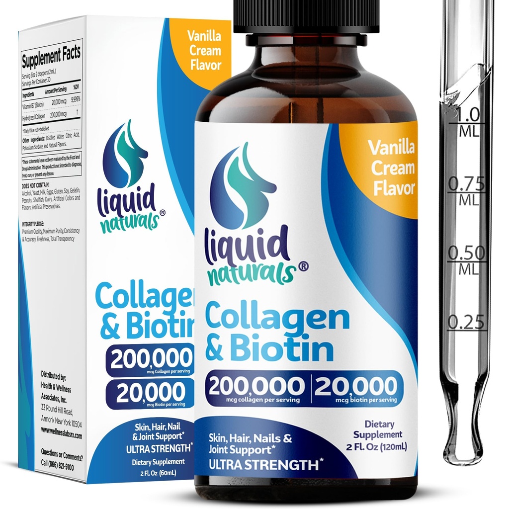 Tekutý kolagén a biotín, 2 Fl. Oz, Ultra-silný kolagén Peptidy pre ženy, tretia strana testovaný biotín pre rast vlasov Ženy, nechty, a kožné vitamíny B7 Collageno Peptides