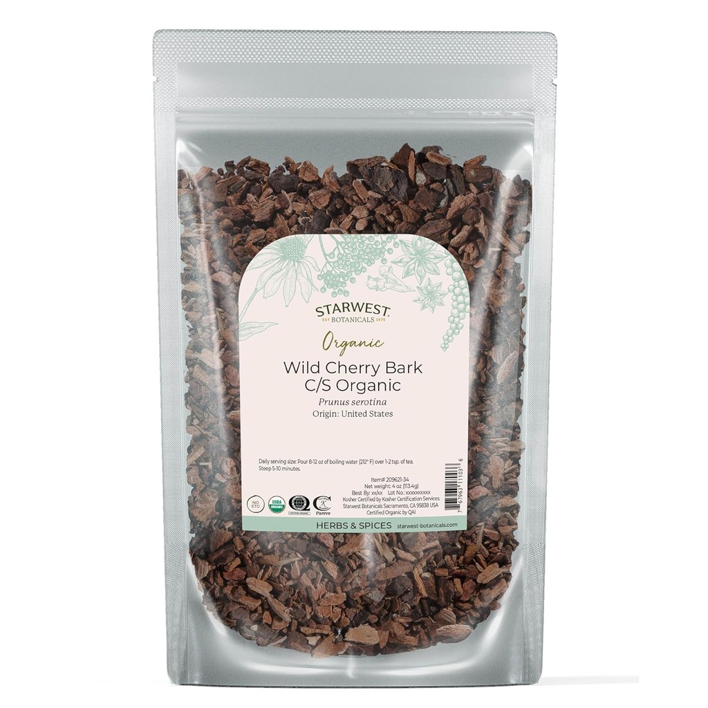 Starwest Botanicals Wild Cherry Bark Organic - Sušený voľne ložený leaf Herb na čaj, sirup, & Natural Herbal Blends, Prunus Serotina, Cut & Sifted, Certified Kosher, Non-GMO - 4 oz Pouch