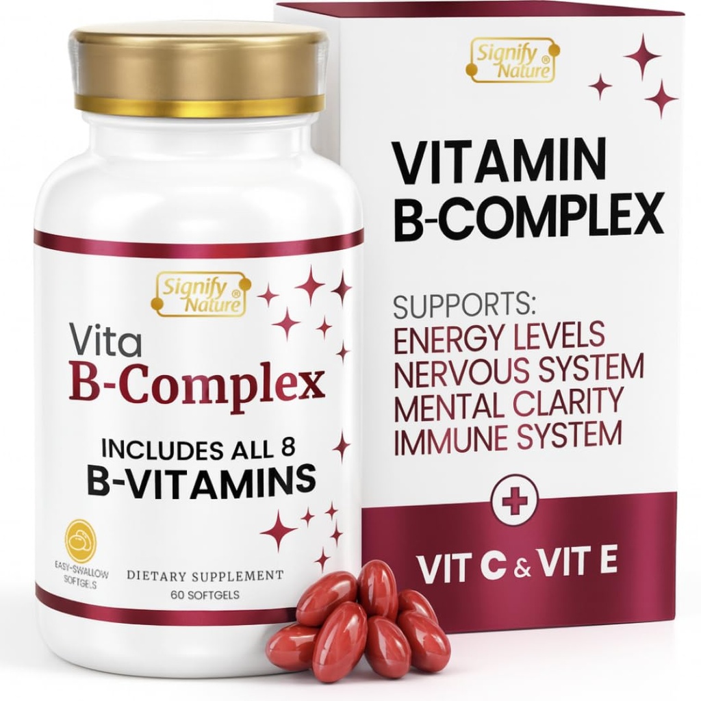 SIGIFY NATURE VitaB Complex with Vitamín C and E, B Complex Vitamíny pre ženy a mužov, Bcomplex doplnky, VIT B1, B2, B3, B5, B6, B8, B9, B12, Super B Softgels - 60 CT