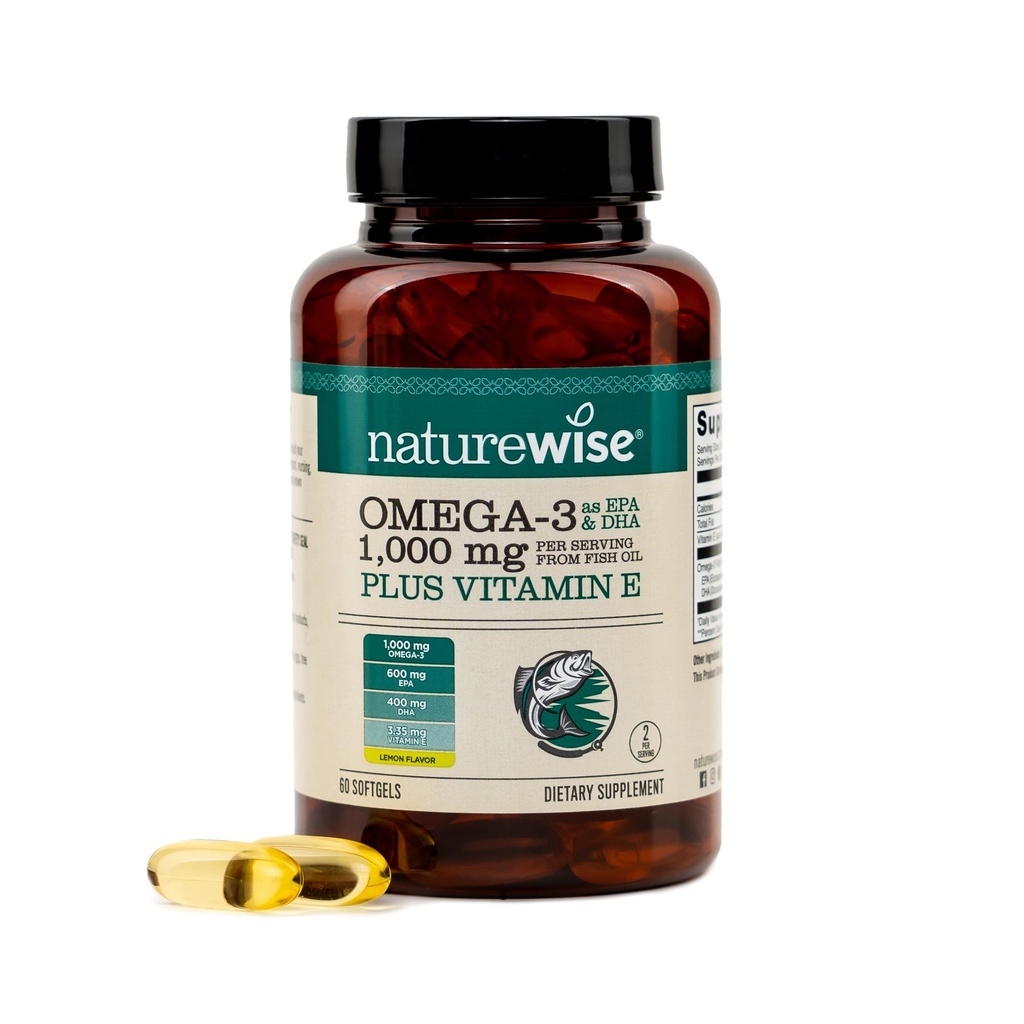 PrírodaWise Extra-Silná Omega 3 Rybí olej doplnok - 1000 mg na porciu - 600 EPA & 400 DHA a vitamín E - Podpora zdravia srdca a mozgu - Citrónová príchuť, GMO - 60 Softgels[1-Month Supply]