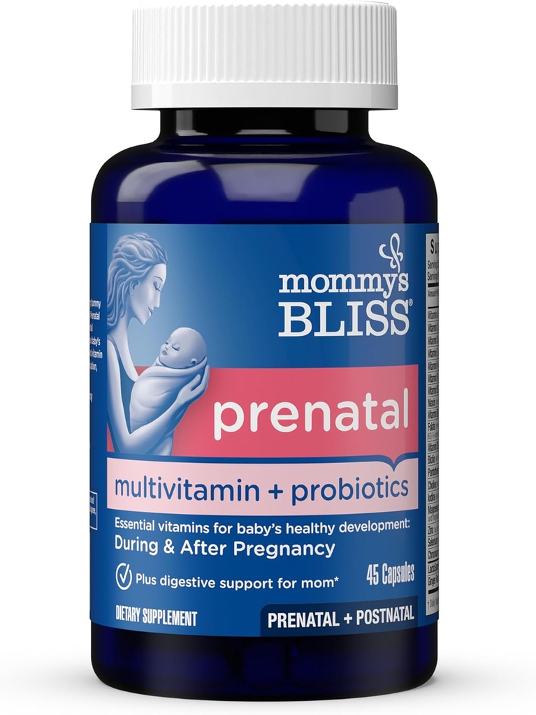 Momy's Bliss Prenatal Multivitamín + Probiotic for Women w/ Folic Acid, Supports Baby Development & Mom's Digestion w/ Zinc, Vitamin B6 & B12, Ginger & Choline, Vegan & Gluten Free (45 Servings)