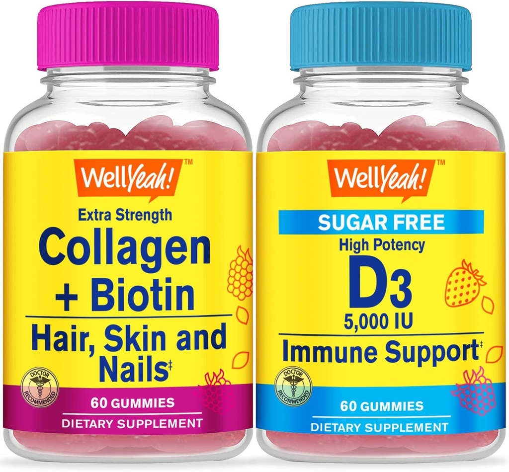 WellYeah Collagen+Biotín + vitamín D3 5,000 IU bez cukru, Gummies Bundle - veľké ochutnávky, vitamínové doplnky, bez lepidla, bez GMO, Žuvacia Gummy