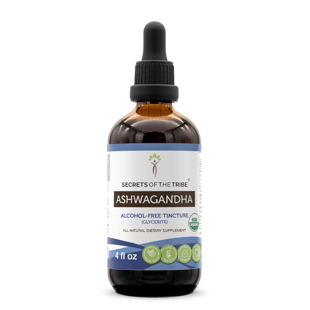Ashwagandha USDA organický extrakt bez obsahu alkoholu, Ashwagandha Withania Somnifera Anti-stres a relaxácia 4 OZ