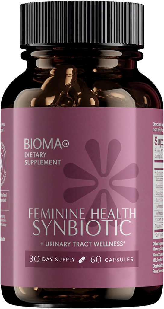 BIOMA Feminine Zdravie Synbiotikum - Ženské zdravotné doplnky pre zdravé vaginálne pH, Urinary Tract & Digestive Support - s probiotikami, Cranberry & Tributyrin - 60 kapsúl (30-Deň dodávky)
